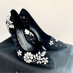 EXPRESS Black Velvet Rhinestone Embellished Stiletto Heels